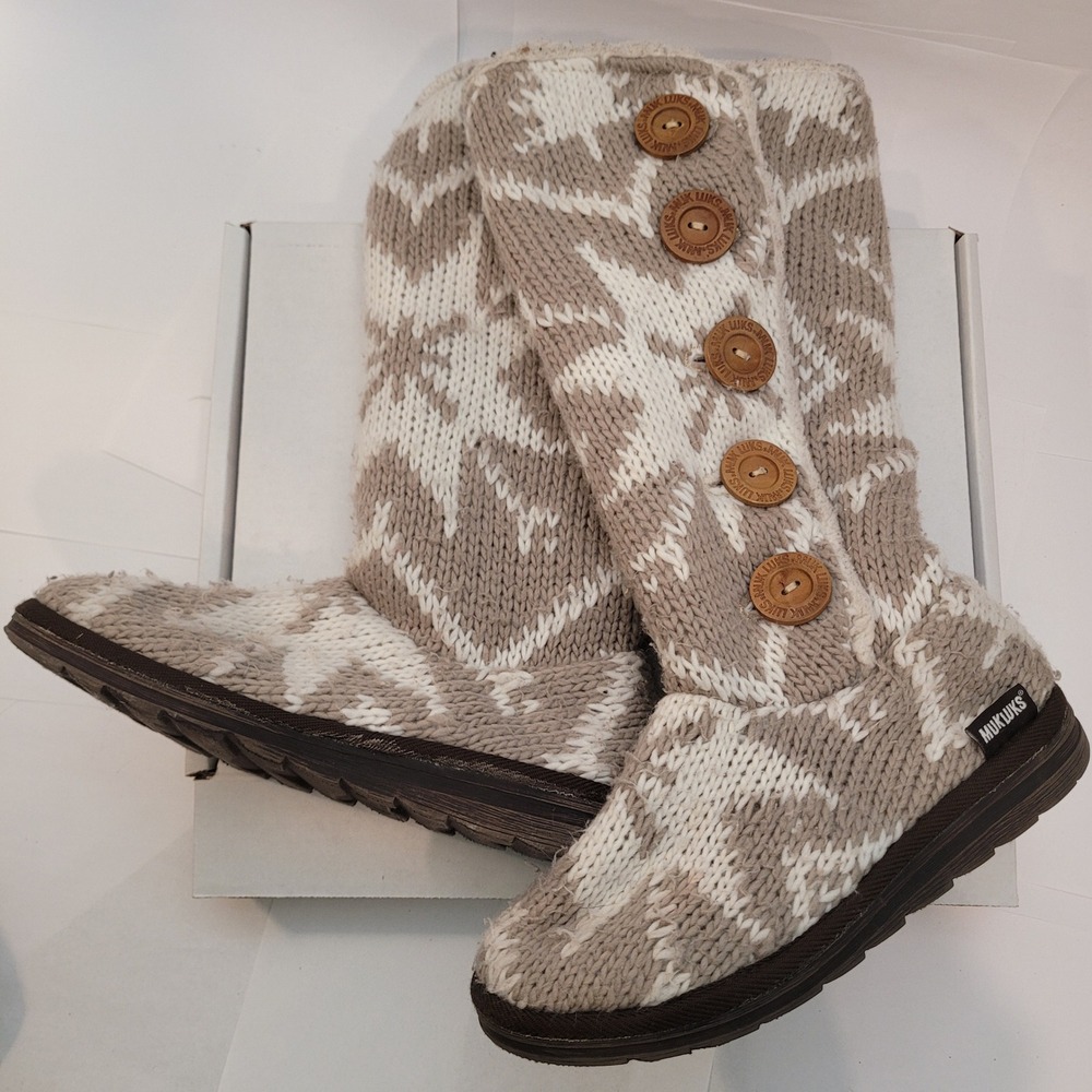 MUK LUKS Knit Boots Women Size 7 Fair Isle Snowflake Taupe Button‎ Tall Sherpa